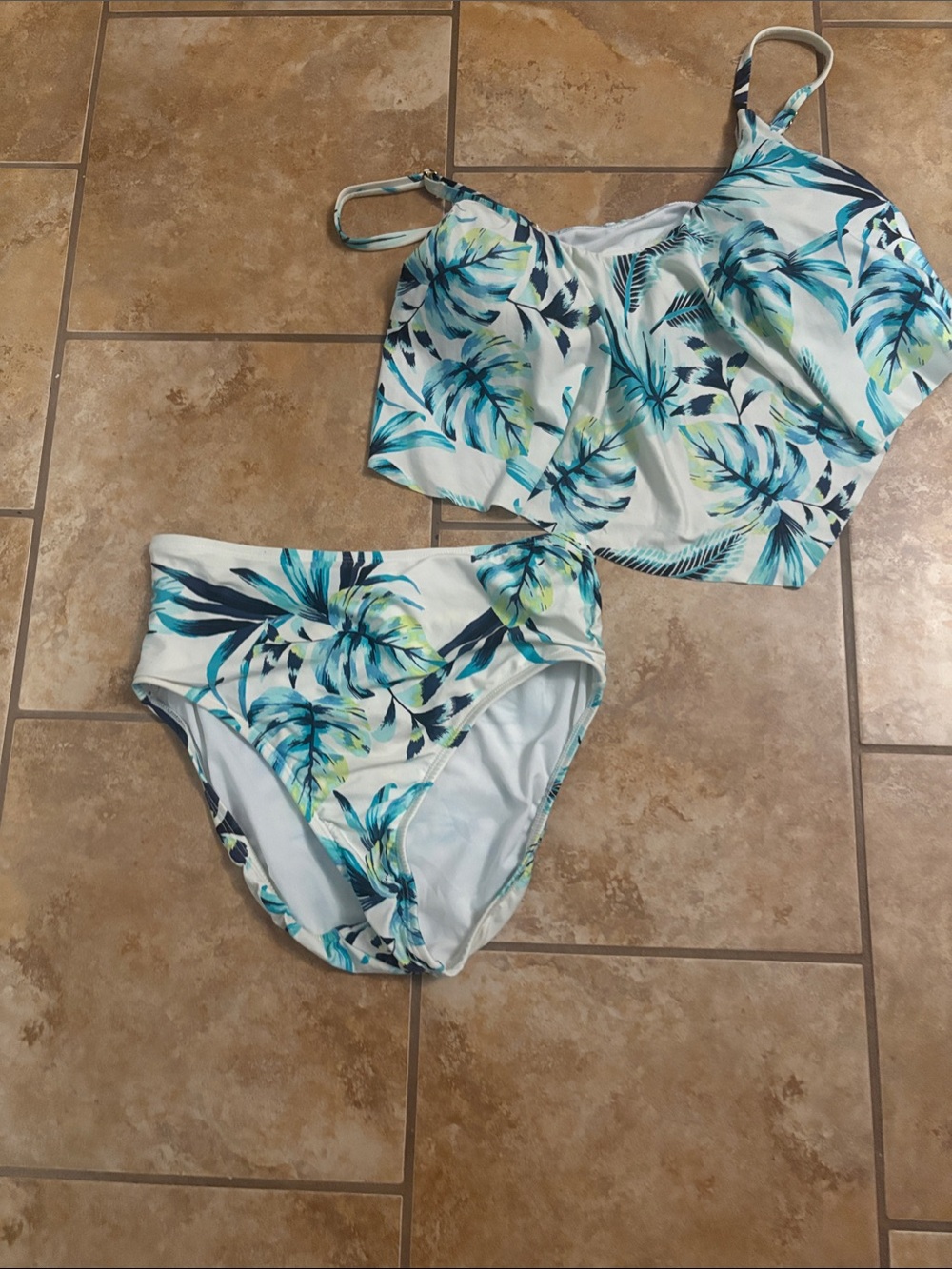 High-Waist Tropical Print Bikini Set in Aqua Blue